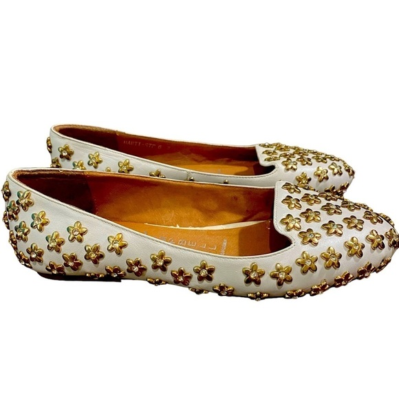 Jeffrey Campbell Shoes - Jeffery Campbell Lbiza White Leather Slip On Daisy Gold & Stone Studded Flats